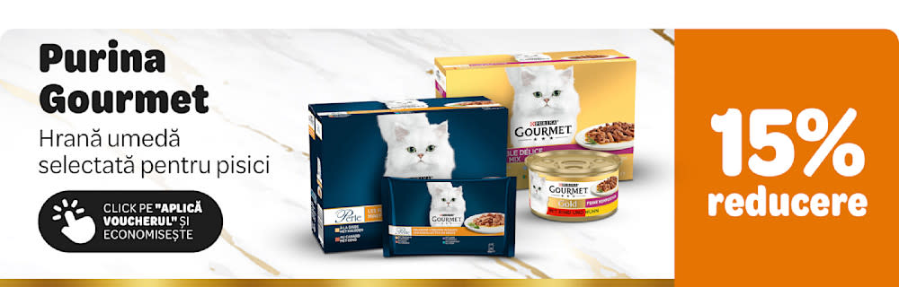 Purina Gourmet, hrană umedă selectată pentru pisici. 15% reducere. Click pe "Aplică voucherul și economisește."
