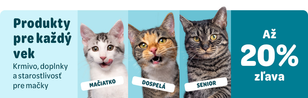 Produkty pre každý vek - krmivo, doplnky a starostlivosť pre mačky. MAČIATKO, DOSPELÁ, SENIOR - Až 20% zľava