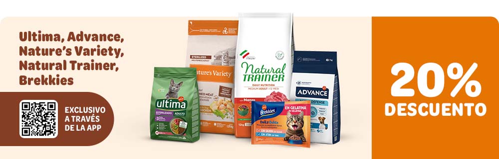 20% descuento en  Advance, Brekkies, Libra, Natural Trainer, Nature’s Variety y Ultima a través de la app