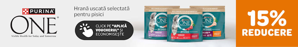 Purina One. Hrană uscată selectată pentru pisic. 15% reducere. Click pe "Aplică voucherul și economisește."