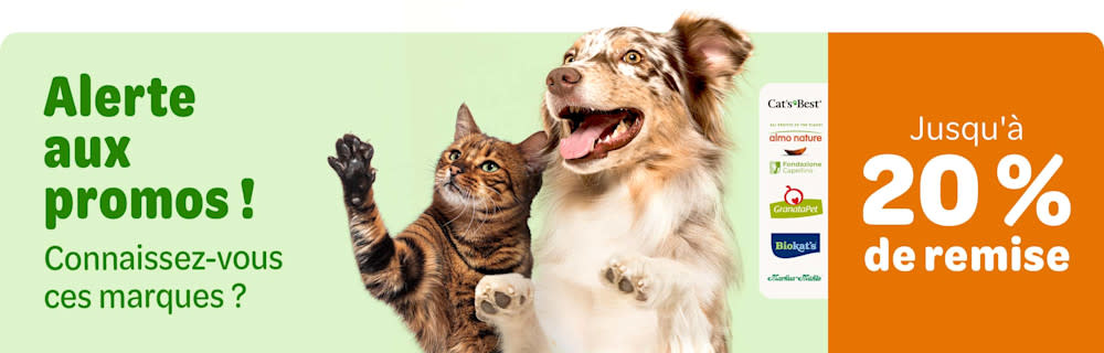 Activez la remise extra & économisez: Alerte aux promos. Connaissez-vous ces marques? Jusqu'à 20% de remise sur Cat’s Best, Almo Nature, Granatapet, Biokat’s, Markus Mühle et bien d'autres encore