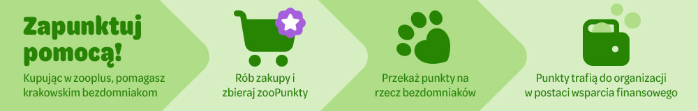 Zapunktuj pomocą! Kupując w zooplus, pomagasz krakowskim bezdomniakom Rób zakupy i zbieraj bonusowe punkty Przekaż punkty na rzecz KTOZ Punkty trafią do schroniska jako wsparcie finansowe.