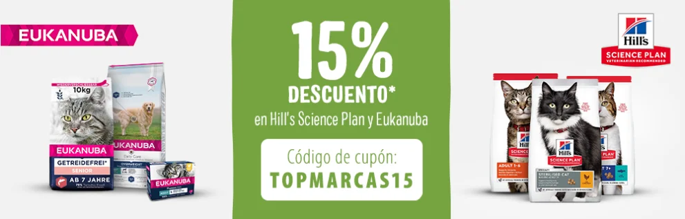 15 % de descuento en productos seleccionados de Hill's Science Plan y Eukanuba para perros y gatos