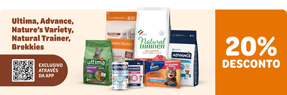 Aproveite 20 % de desconto adicional através da App nas marcas Ultima, Advance, Nature’s Variety, Natural Trainer, Brekkies e Advance Veterinary Diets!