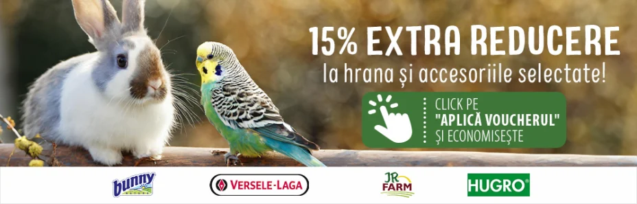 -15% EXTRA la hrana și accesoriile selectate pentru animale mici și păsări!
