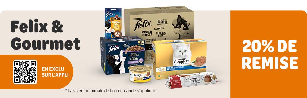 Obtenez -20% de remise sur la nourriture pour chat des marques Purina Felix & Gourmet !