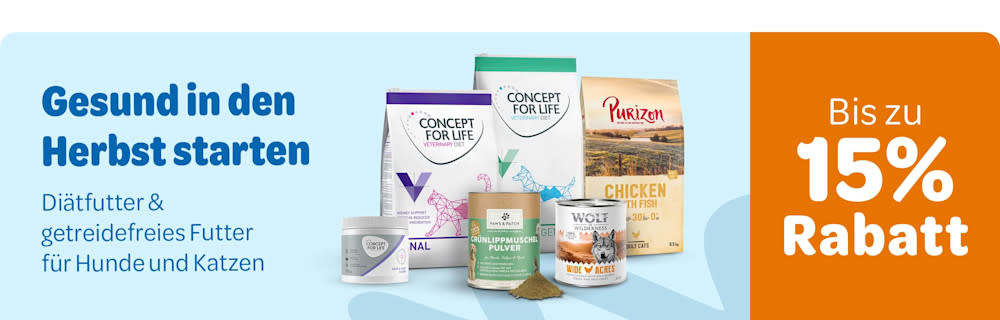 Bis zu 15% Rabatt: Gesund in den Herbst starten. Diätfutter & getreidefreies Futter für Hunde und Katzen