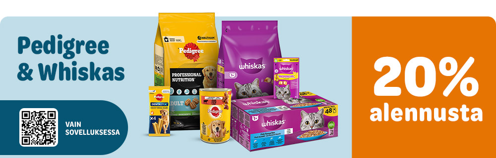 20% alennusta Pedigree- ja Whiskas-tuotteista. Vain sovelluksessa.