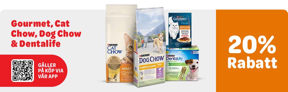 20% rabatt. Gourmet, Cat Chow, Dog Chow & Dentalife. Gäller på köp voa vår app.