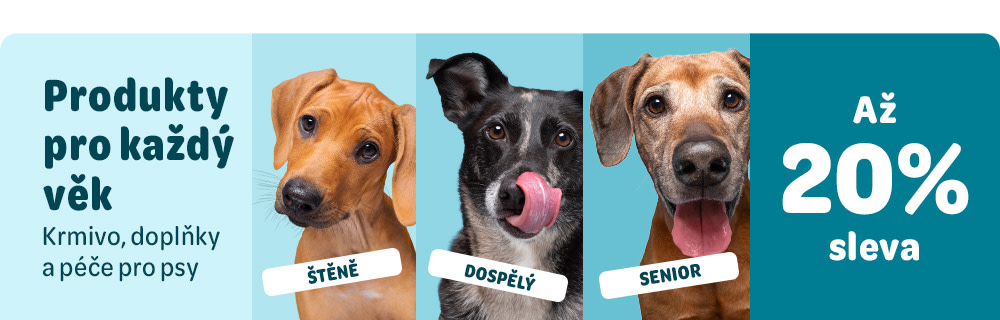 Produkty pro každý věk - krmivo, doplňky a péče pro psy ŠTĚNĚ, DOSPELÝ, SENIOR - Až 20% sleva
