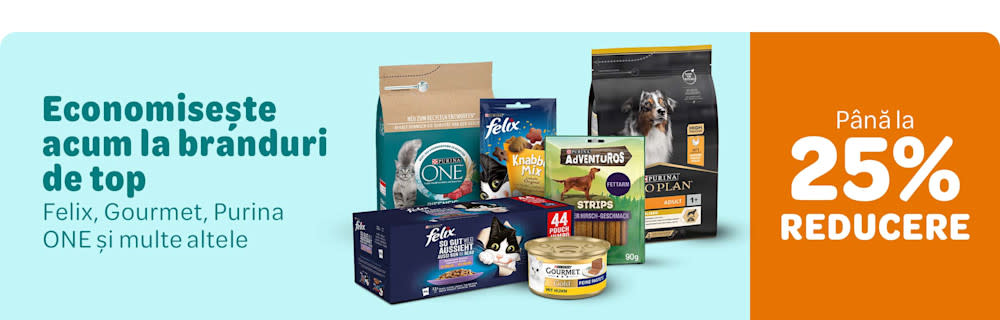 Economisește acum la branduri de top. Felix, Gourmet, Purina One și multe altele. Până la 25% reducere.
