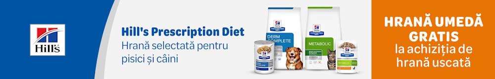Hill's Prescription Diet, hrană selectată pentru pisici și câini. Hrană umedă gratis la achiziția de hrană uscată. 