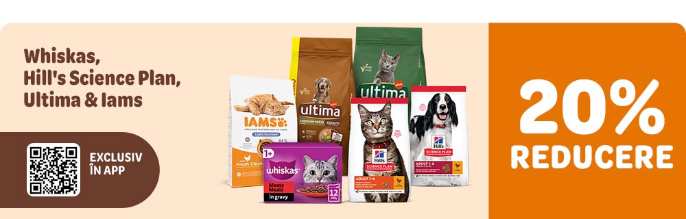 Exclusiv în aplicație! Ai 20% reducere la brandurile selectate: Whiskas Wet, Hill's Science Plan, Ultima and Iams 