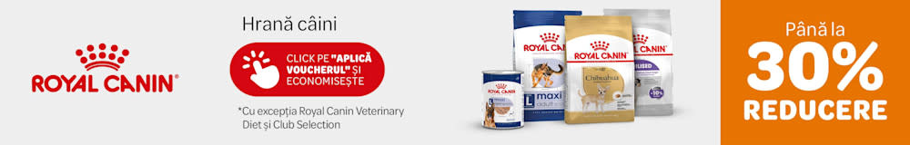 Royal Canin, hrană pentru câini. Până la 30% reducere. Cu excepția Royal Canin Veterinary Diet și Club Selection. Click pe Aplică voucherul și economisește.