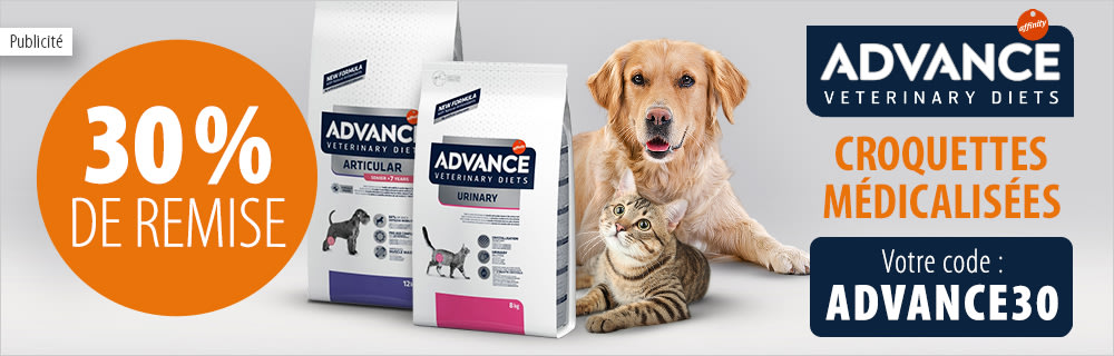 - 30 % sur les croquettes de la gamme Affinity Advance Veterinary Diets pour chien et chat