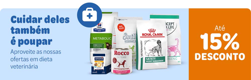 Até 15% de desconto em dieta veterinária para cães e gatos.