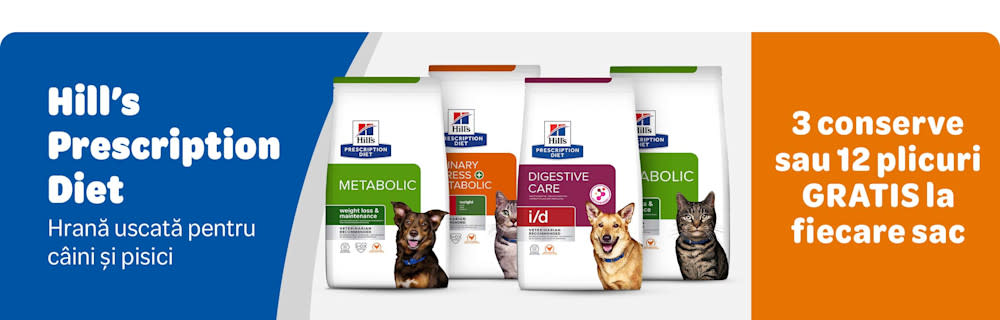Hill's Prescription Diet, hrană uscată pentru câini și pisici. 3 conserve sau 12 plicuri gratis la fiecare sac.