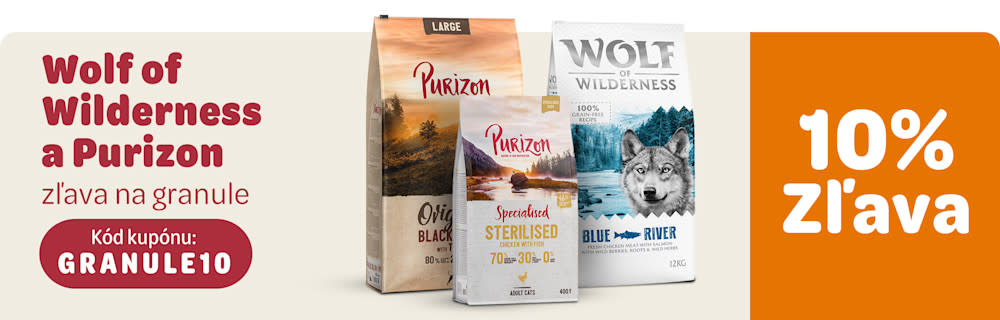 Zľava 10% na granule Wolf of Wilderness a Purizon s kódom kupónu: GRANULE10