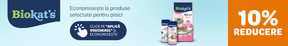 Biokat´s. Economisește la produse selectate pentru pisici. 10% reducere. Click pe "Aplică voucherul" și economisește.