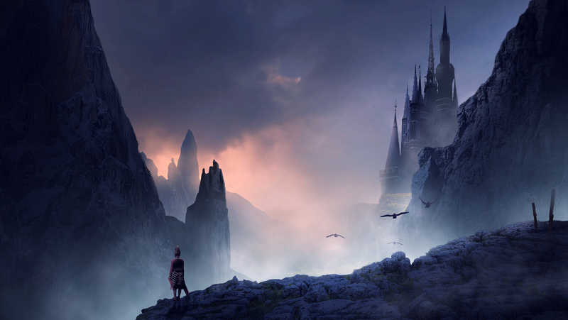 Warrior looks into mist standing alone on Fantasy Mountain with dark castle looming in background