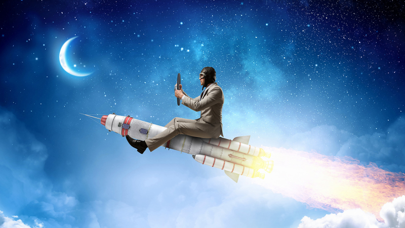 Fictional image of a man in a suit sits on top of a small rocket ship that is blasting off in a dark sky towards the moon
