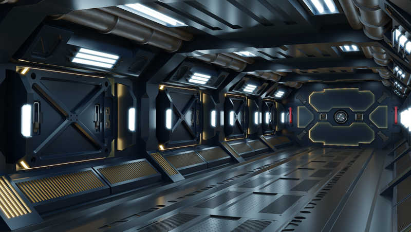Corridor sombre avec lumières rappelant un décor de vaisseau spatial de science-fiction