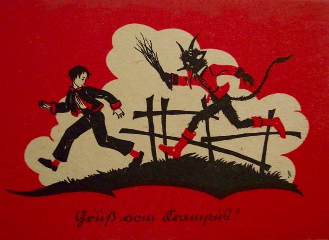 Krampus Postkarte roter Hintergrund