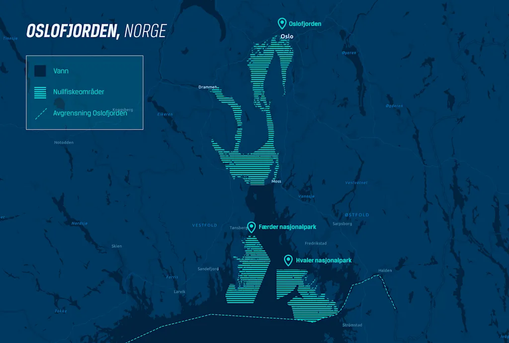 Kart over Oslofjorden som viser nullfiskeområdene: Indre Oslofjord fra Moss til Oslo, Færder nasjonalpark og Ytre Hvaler nasjonalpark