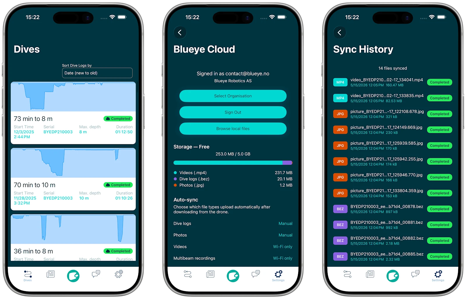 Blueye-appen som viser dykkeloggliste med Cloud-synkroniseringsstatus, Cloud-innstillingssiden og synkroniseringshistorikk