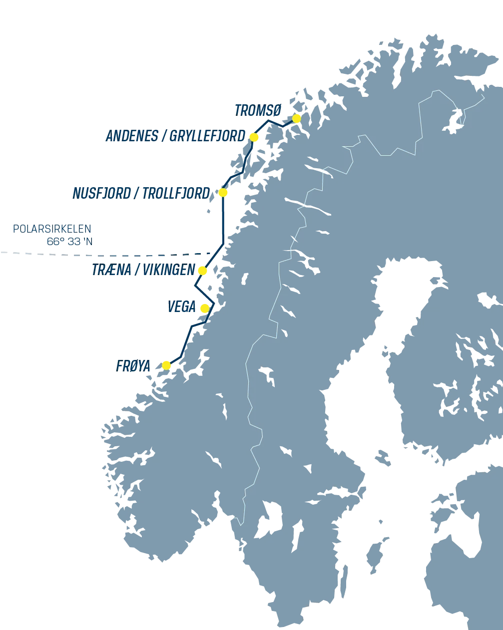 Voyage map from Frøya to Tromsø