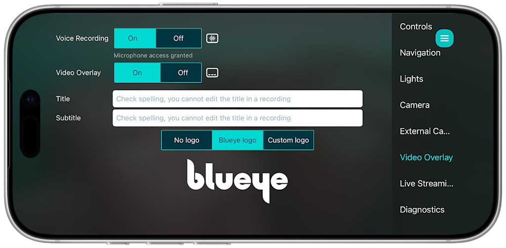 The Video Overlay menu in the Blueye App showing the new Voice Recording toggle set to On, with microphone access granted.