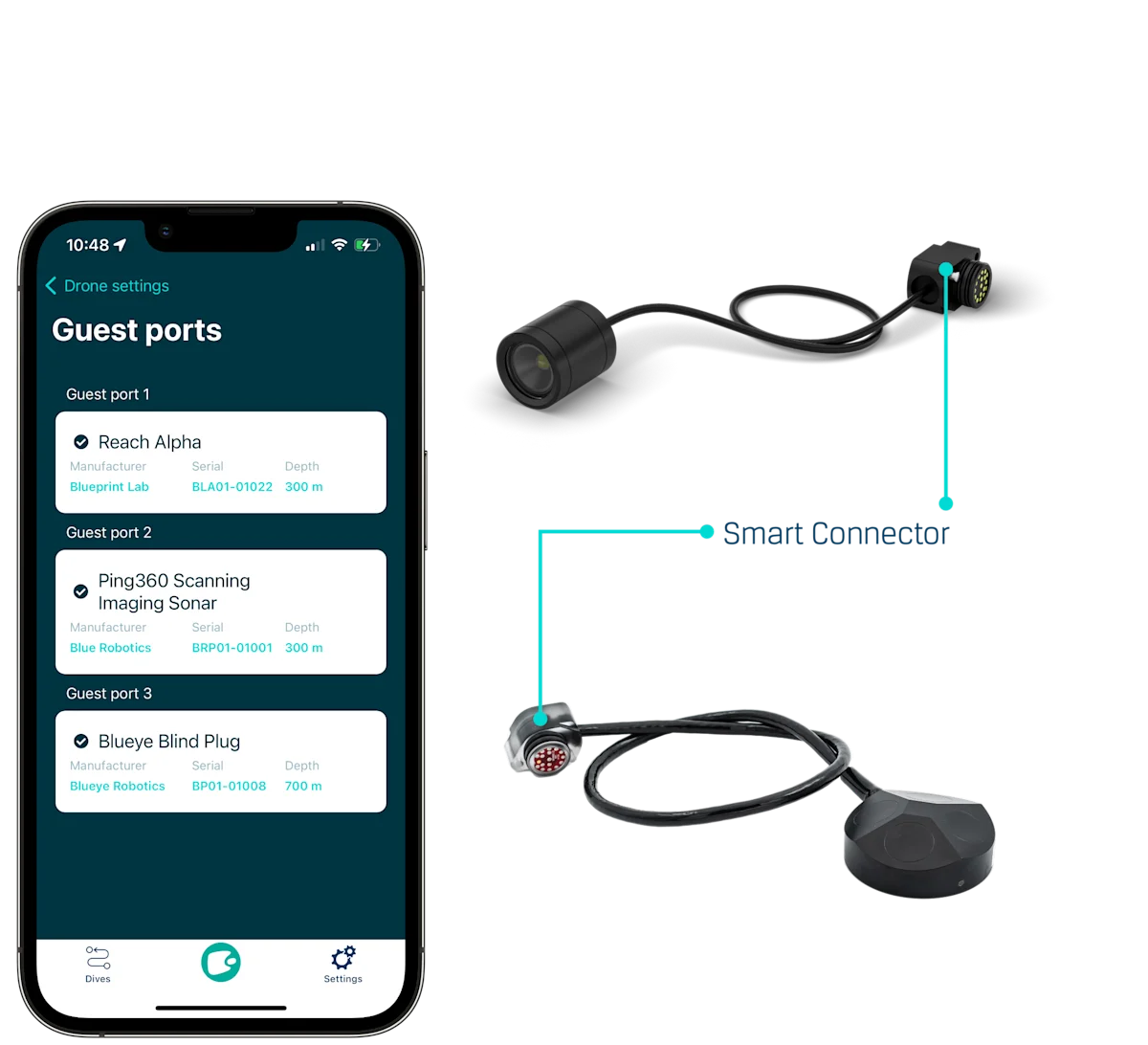 Illustrasjon av Blueye Appen og Blueye Smart Connectorer.