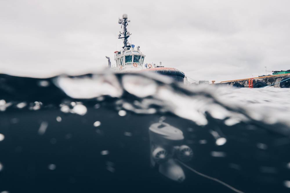 Drone inspecting a vessel
