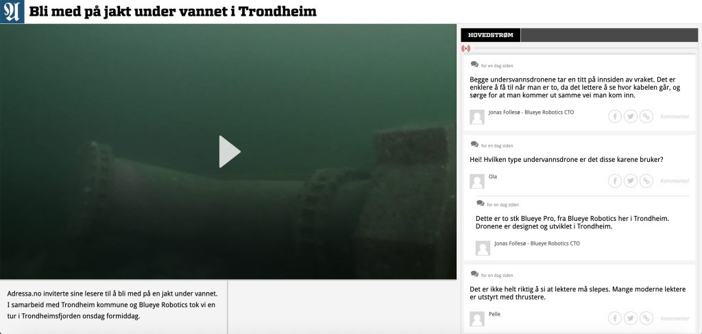 Skjermbilde fra Adresseavisen som viser live videostrøm fra Blueye