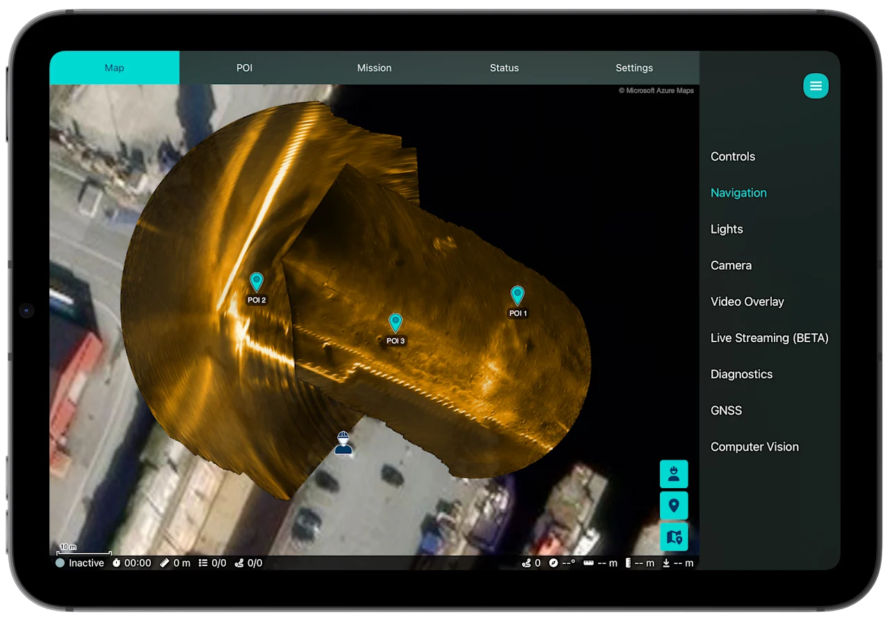 The Blueye App on an iPad mini showing the navigation map at Dora, with a sonar mosaic from Blueye Cloud as the base layer and points of interest placed on targets in it