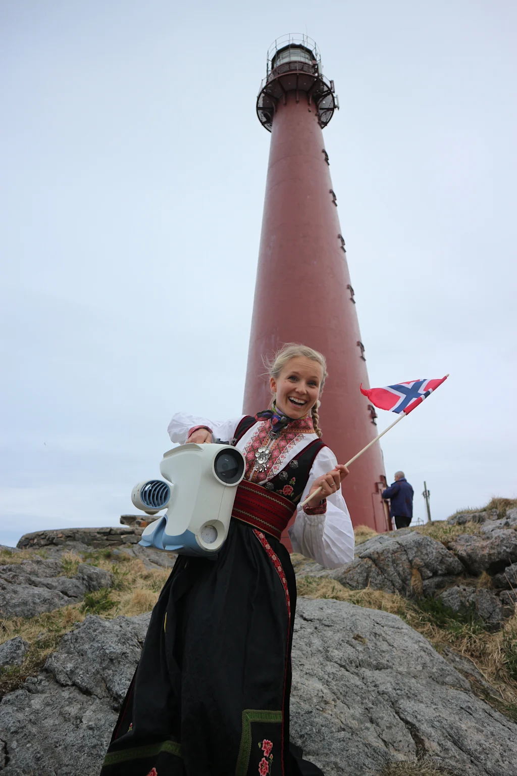 Christine in bunad outside Andenes lighthouse