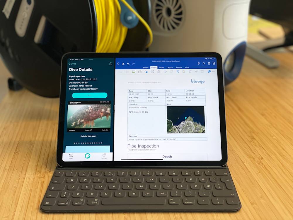 Blueye App and Microsoft Word side-by-side on iPad Pro
