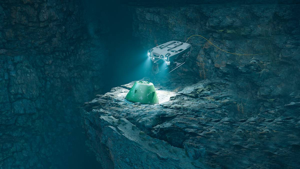 Blueye X7 inspecting a mine on a rock ledge – rendering 16:9