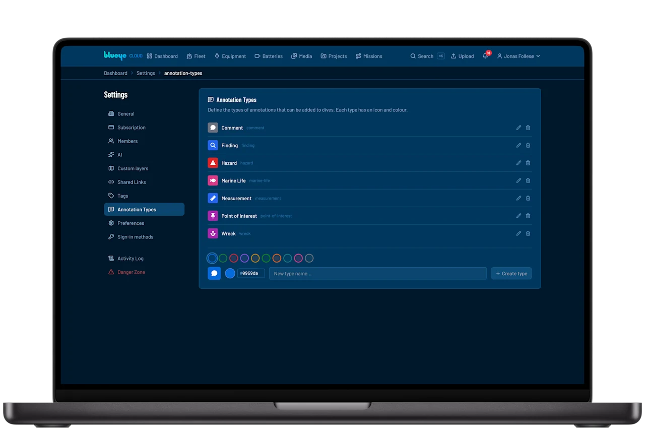Blueye Cloud-innstillingsside for annotasjonstyper, som lister hver type med ikon og farge
