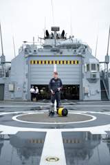 Vertical shot of Erik Johansen and Blueye X3 at KV Bjørnøya heli deck