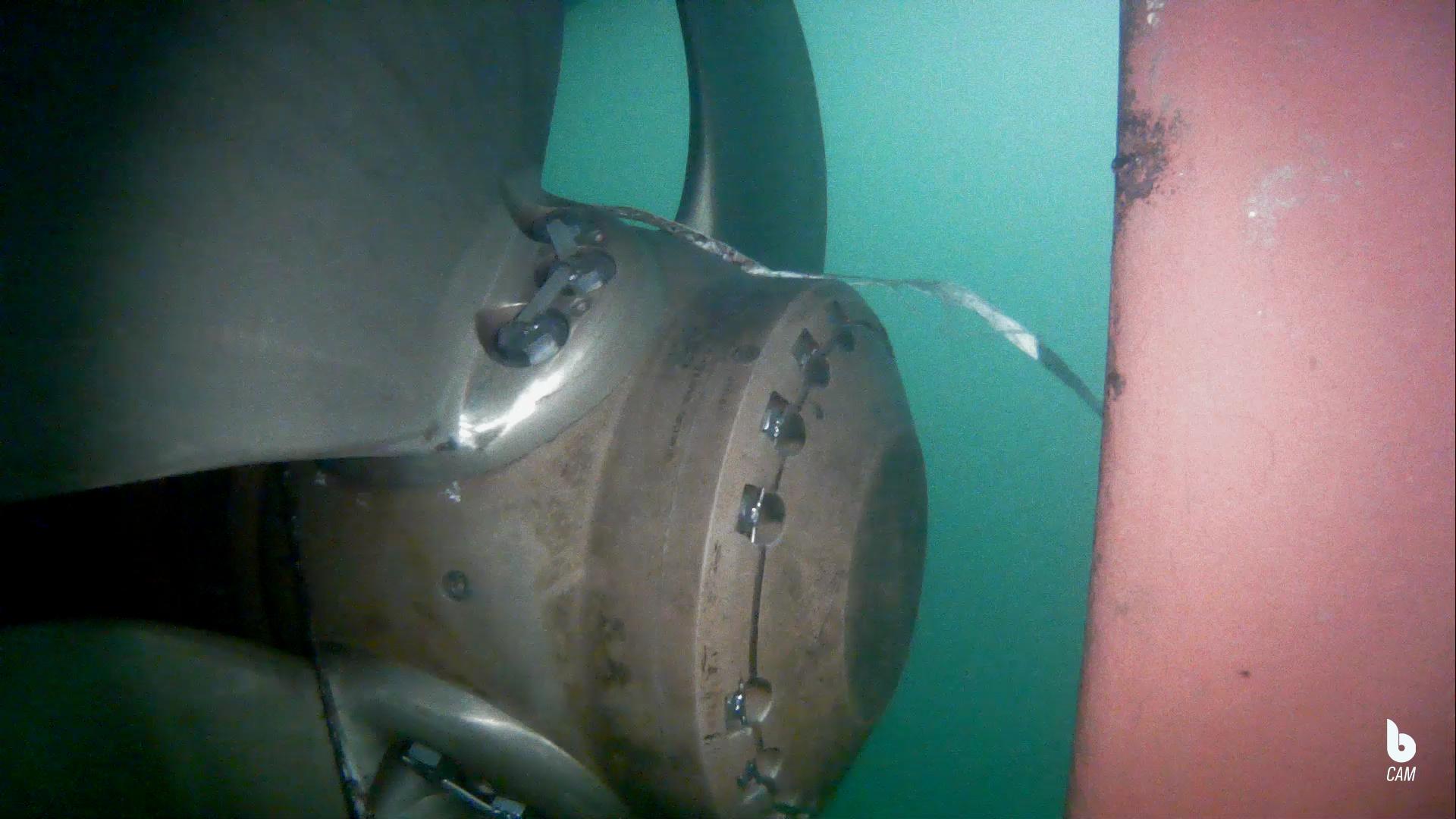 The Blueye drone inspecting a propeller on a vessel.