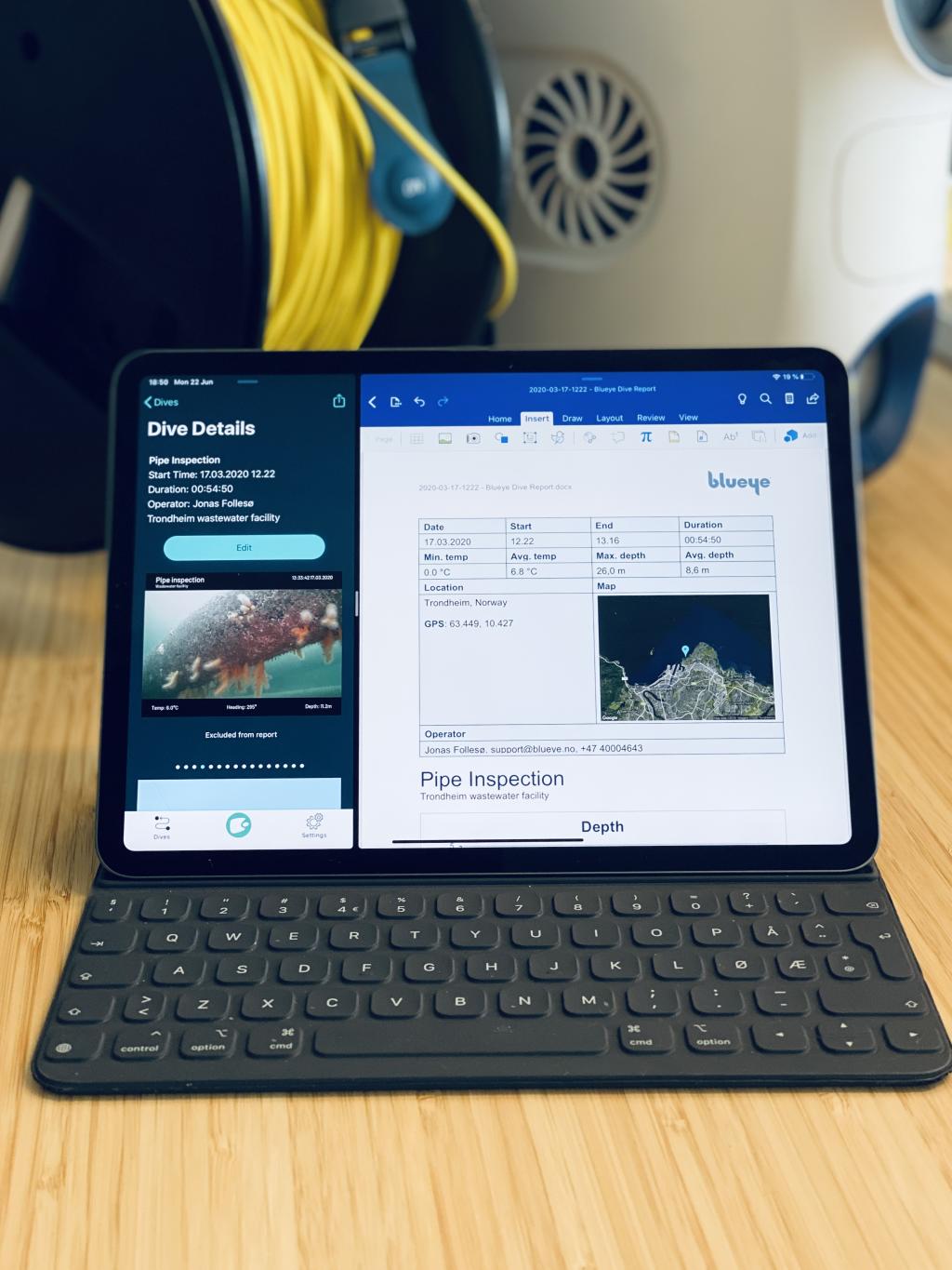 Blueye appen og Microsoft Word side om side på en iPad Pro.