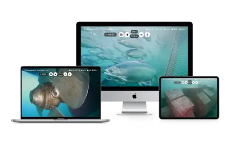 Apple devices displaying a live stream from a Blueye Pro underwater drone.