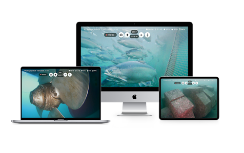 Apple devices displaying a live stream from a Blueye Pro underwater drone.