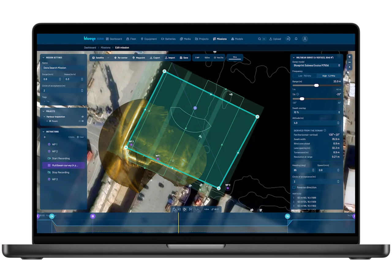 The Blueye Cloud mission planner with a Multibeam Survey: the sonar settings panel and the imaged swath drawn under each lane, over the Dora sonar mosaic from earlier dives