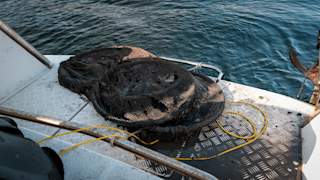 Recovered fishing net on deck