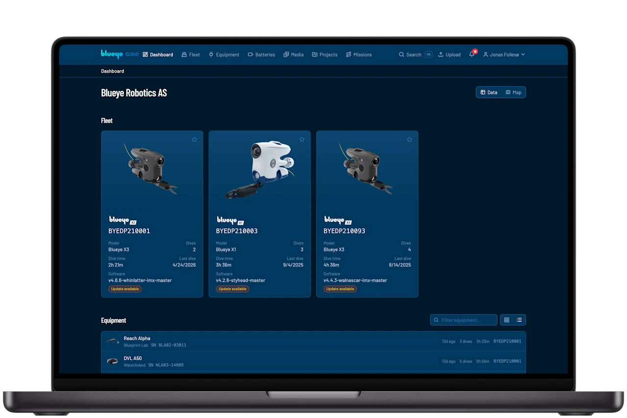 Blueye Cloud flåteoversikt, satt sammen automatisk fra opplastede dykkelogger