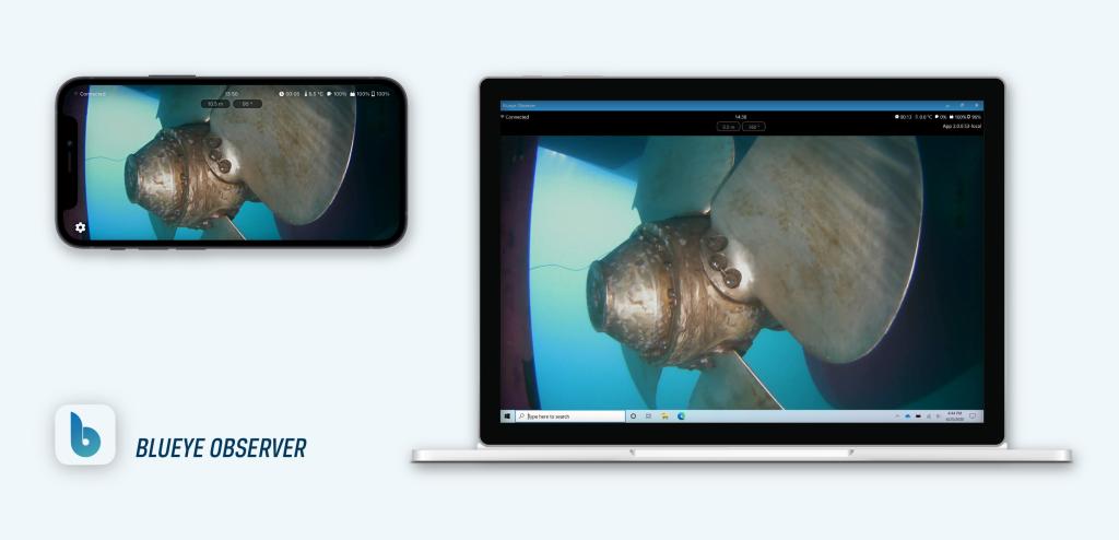 Screenshot of Blueye Observer App running on an iPhone and a Windows computer.
