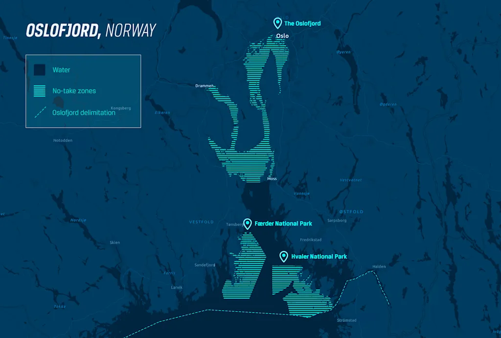 Map of the Oslofjord showing the no-take zones: the Indre Oslofjord from Moss to Oslo, Færder National Park and Ytre Hvaler National Park