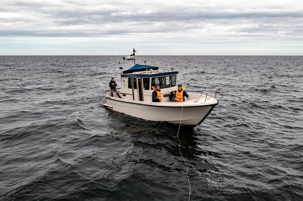 Aerial drone view of the boat trip to film Nordstream